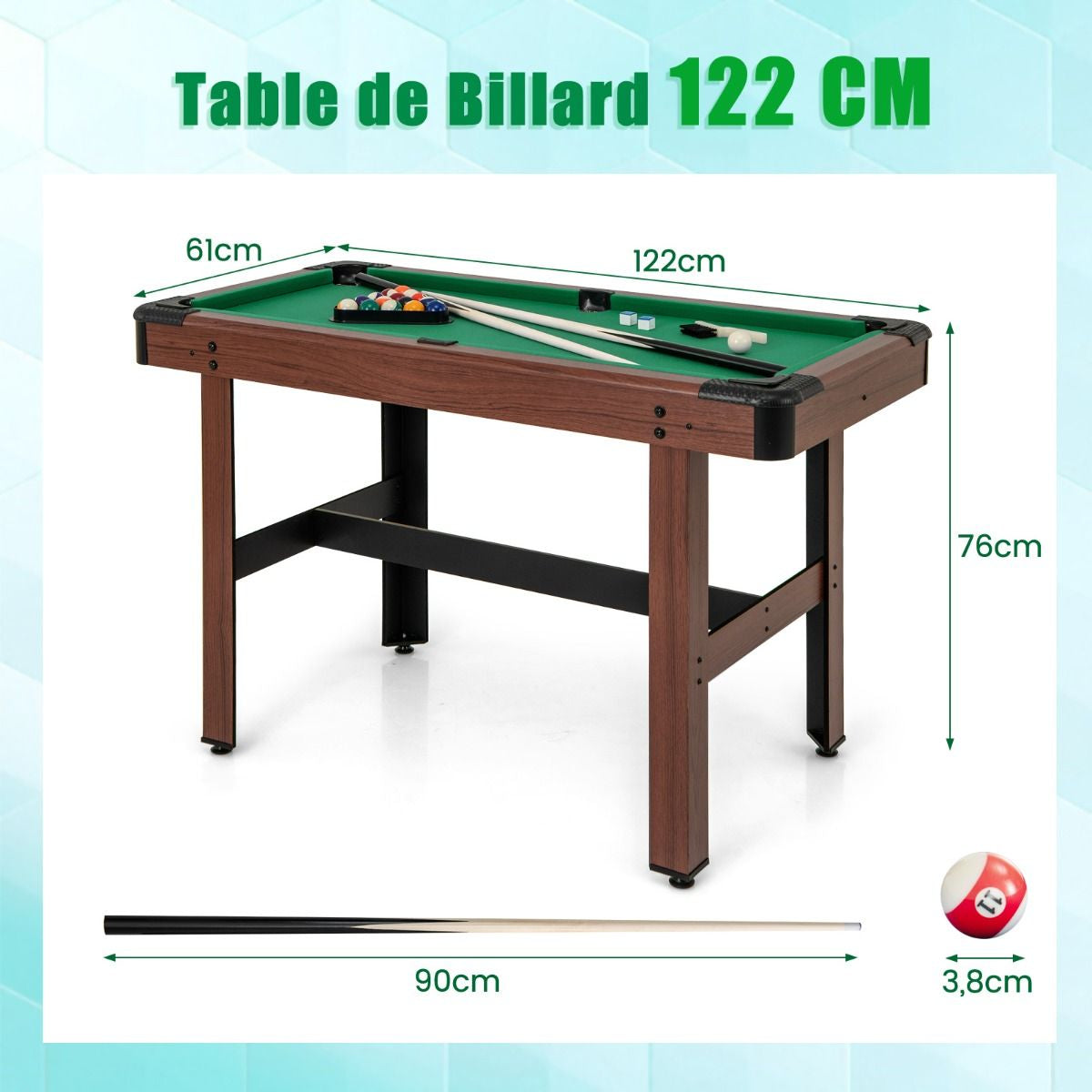 Table De Billard De 122 Cm En Bois Avec Jeu Complet De Boules 2 Queues De Billard 2 Craies Triangle Brosse Table Compacte Bleu/Vert