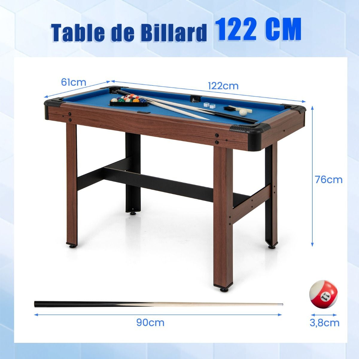 Table De Billard De 122 Cm En Bois Avec Jeu Complet De Boules 2 Queues De Billard 2 Craies Triangle Brosse Table Compacte Bleu/Vert