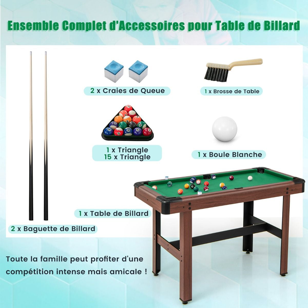 Table De Billard De 122 Cm En Bois Avec Jeu Complet De Boules 2 Queues De Billard 2 Craies Triangle Brosse Table Compacte Bleu/Vert