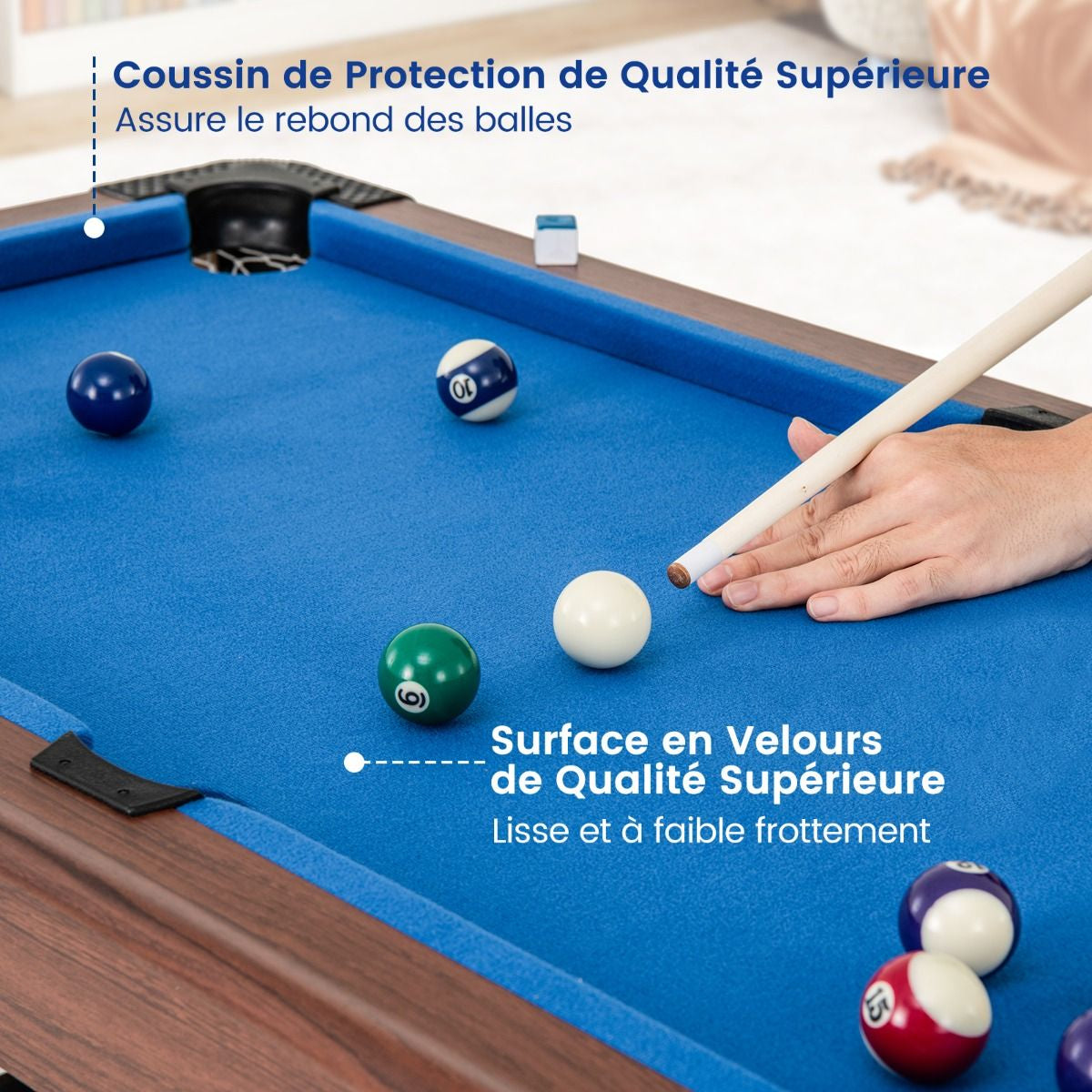 Table De Billard De 122 Cm En Bois Avec Jeu Complet De Boules 2 Queues De Billard 2 Craies Triangle Brosse Table Compacte Bleu/Vert