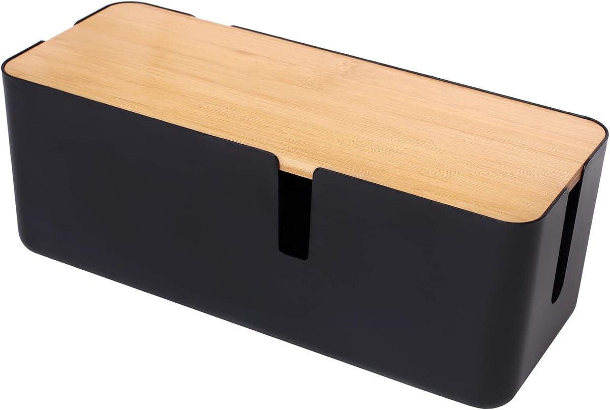 Boîte De Gestion De Câbles Avec Couvercle En Bambou - Petite Boîte De Rangement De Câbles Pour Cordon D'Extension, Protection Contre Les Surtensions - Gestion De Fils - Cachette (Noir)