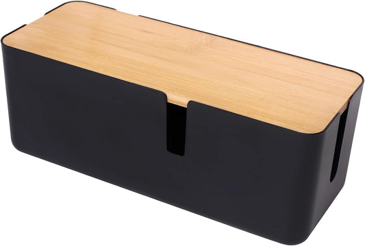 Boîte De Gestion De Câbles Avec Couvercle En Bambou - Petite Boîte De Rangement De Câbles Pour Cordon D'Extension, Protection Contre Les Surtensions - Gestion De Fils - Cachette (Noir)