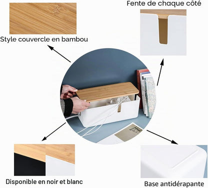 Boîte De Gestion De Câbles Avec Couvercle En Bambou - Petite Boîte De Rangement De Câbles Pour Cordon D'Extension, Protection Contre Les Surtensions - Gestion De Fils - Cachette (Noir)