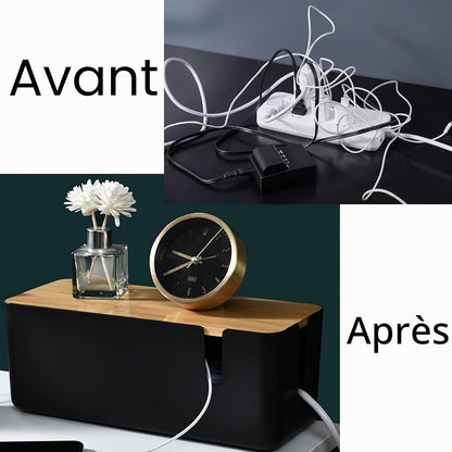 Boîte De Gestion De Câbles Avec Couvercle En Bambou - Petite Boîte De Rangement De Câbles Pour Cordon D'Extension, Protection Contre Les Surtensions - Gestion De Fils - Cachette (Noir)
