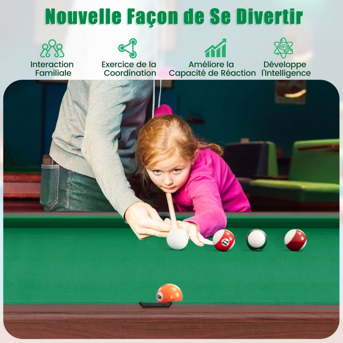 Table De Billard De 122 Cm En Bois Avec Jeu Complet De Boules 2 Queues De Billard 2 Craies Triangle Brosse Table Compacte Bleu/Vert