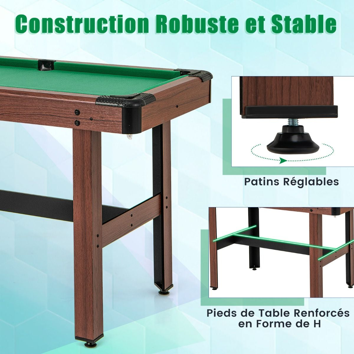 Table De Billard De 122 Cm En Bois Avec Jeu Complet De Boules 2 Queues De Billard 2 Craies Triangle Brosse Table Compacte Bleu/Vert